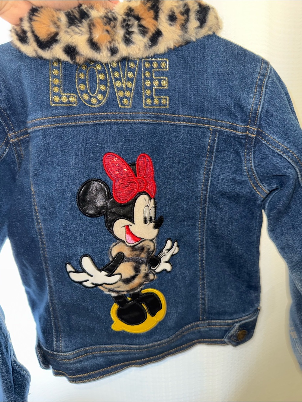 Disney Denim Minnie Jacket with Leopard Faux Fur Collar - Blue/Red/Yellow